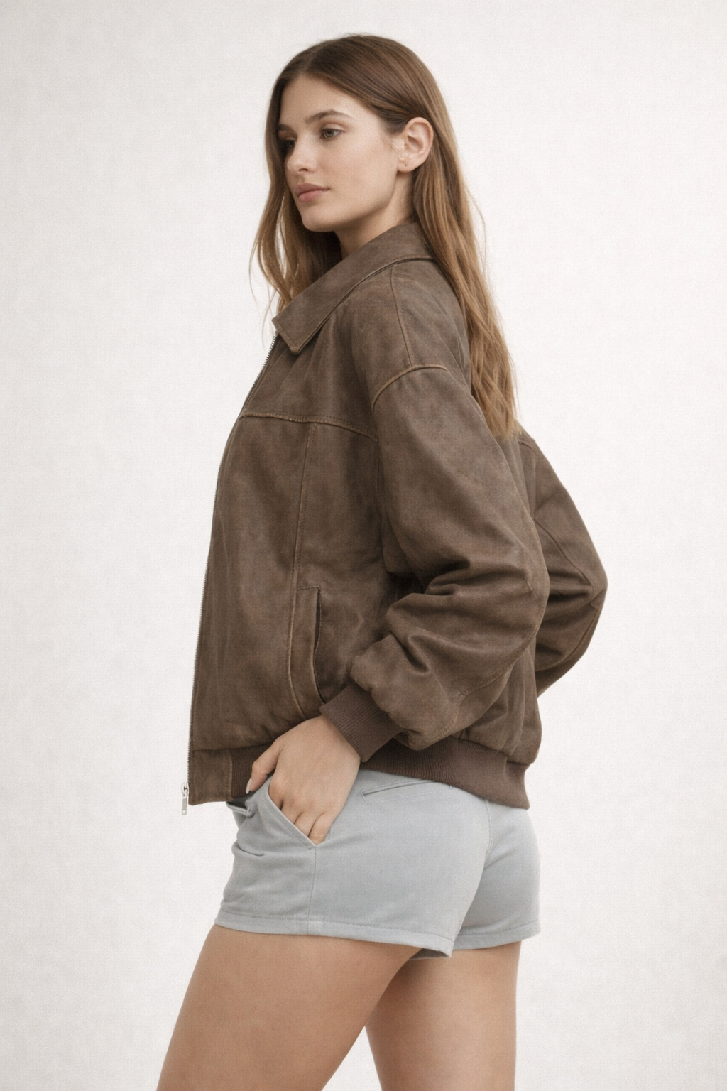 Brown oversized zip jacket with collar and ribbed cuffs