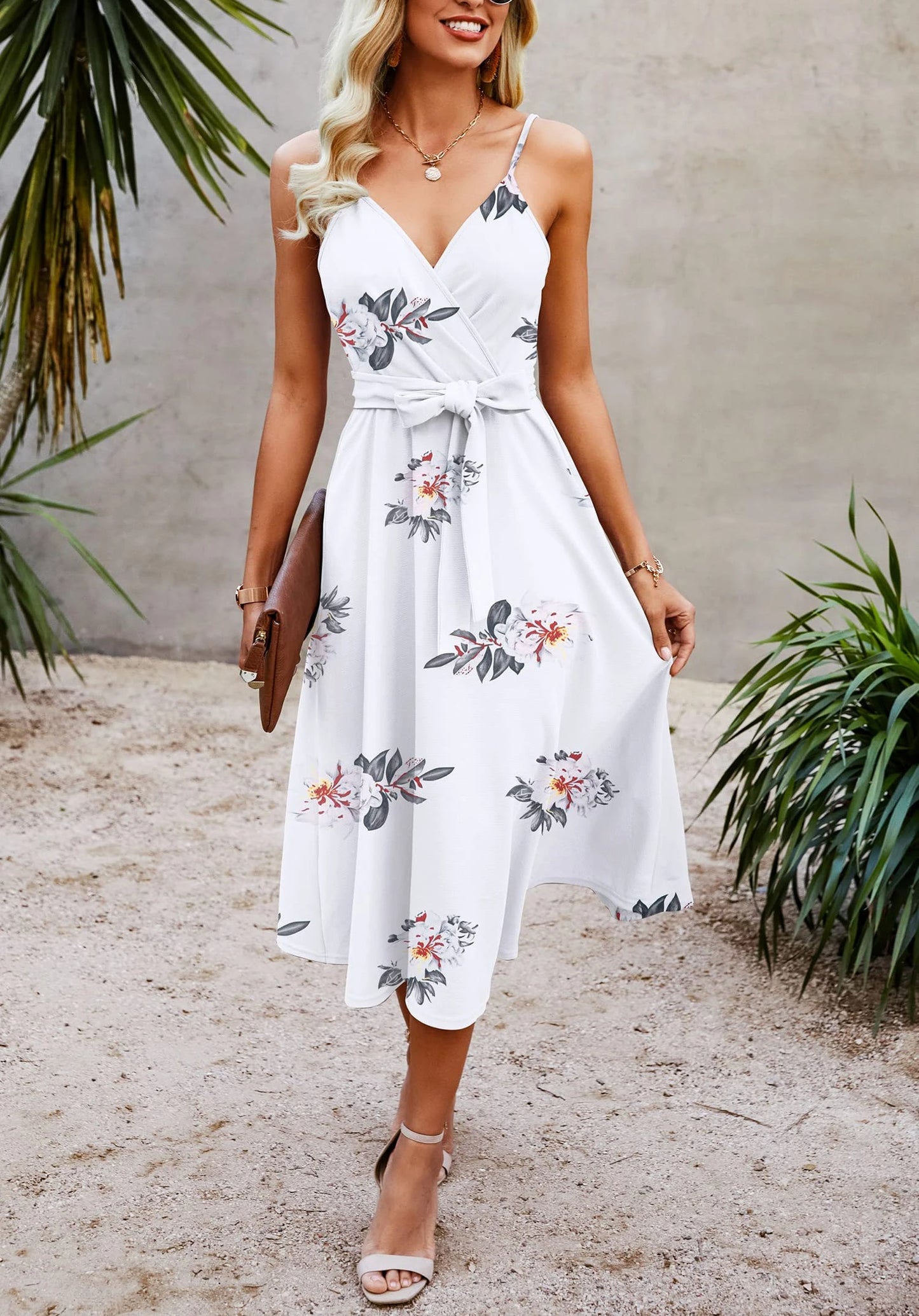 White floral wrap midi dress with waist tie