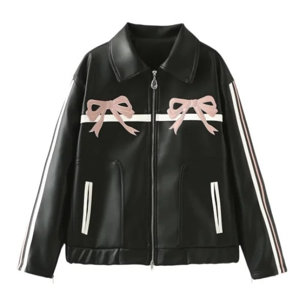 Black zip jacket with bow details and striped sleeves
