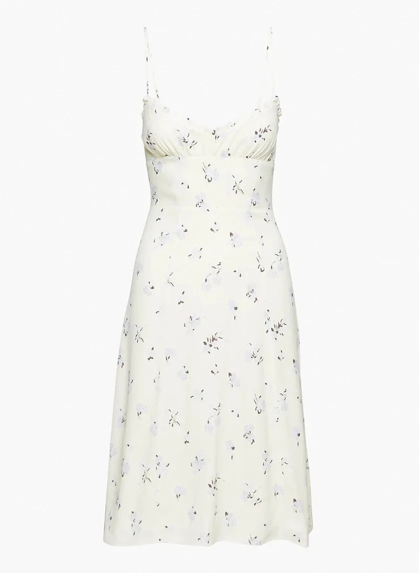 Light yellow midi dress with floral print and thin straps