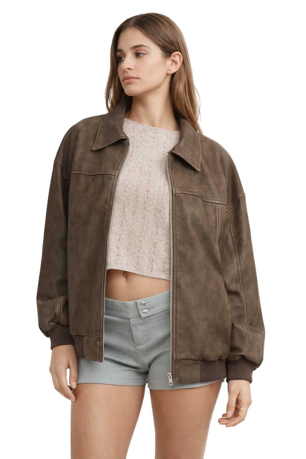 Brown oversized zip jacket with collar and ribbed cuffs