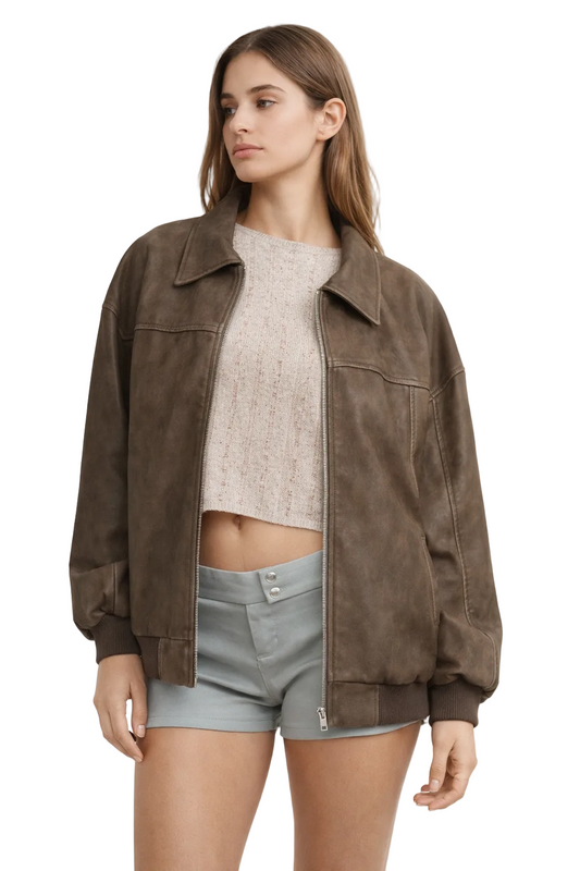 Brown oversized zip jacket with collar and ribbed cuffs
