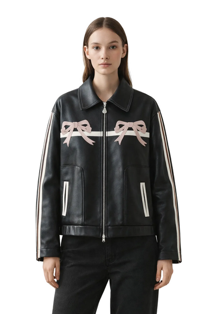 Black zip jacket with bow details and striped sleeves