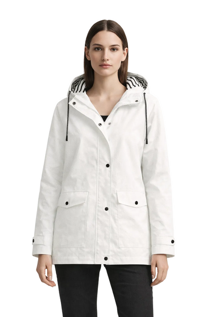 White hooded jacket with snap buttons and front pockets