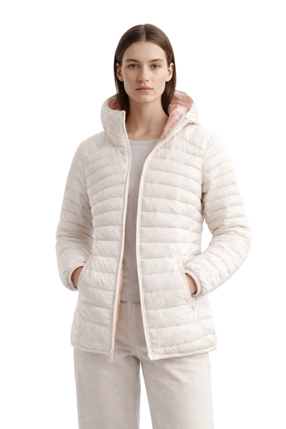 Reversible quilted jacket in pink and off-white with hood