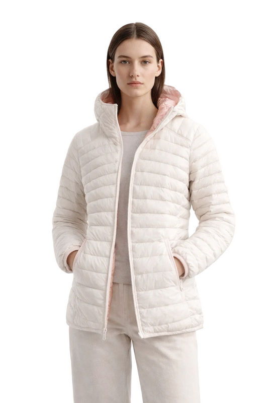 Reversible quilted jacket in pink and off-white with hood
