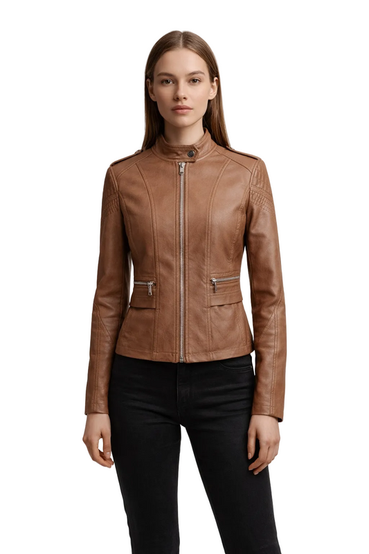 Brown fitted zip jacket with stand collar and quilted shoulders