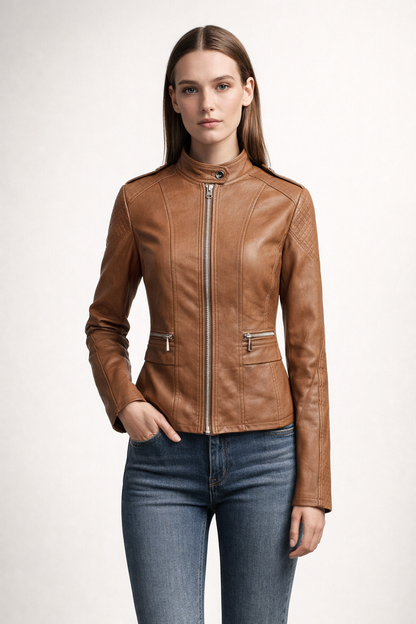Brown fitted zip jacket with stand collar and quilted shoulders