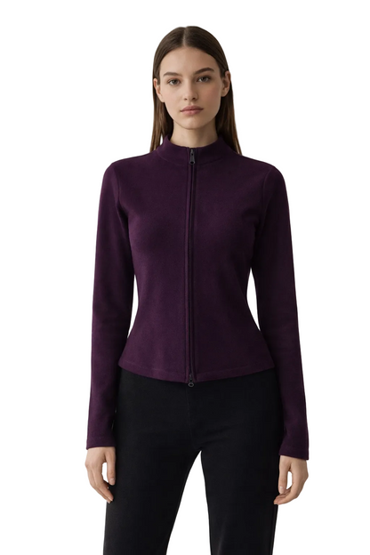 Dark purple cropped zip top with high neck and long sleeves