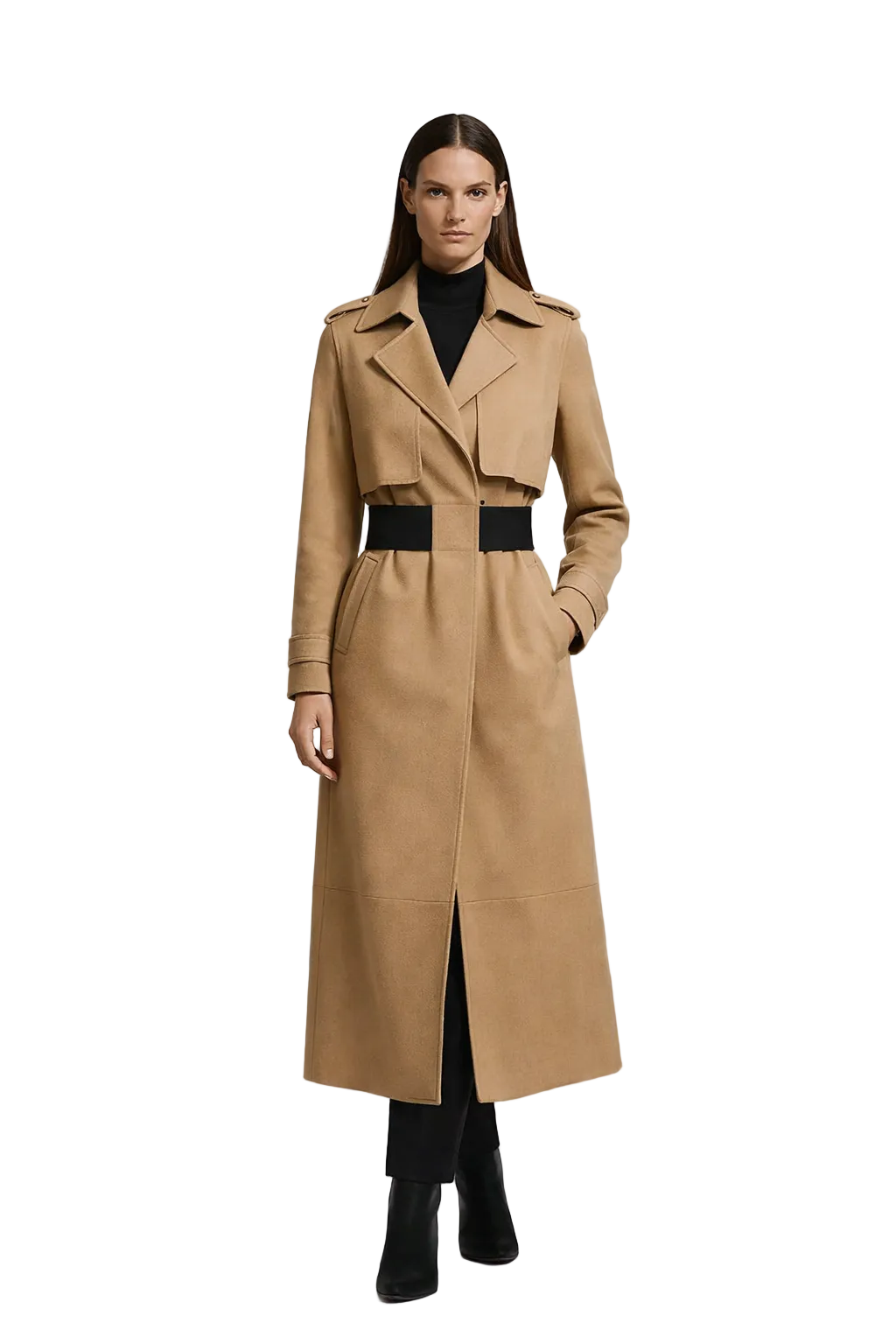 Beige long coat with wide collar and belted waist