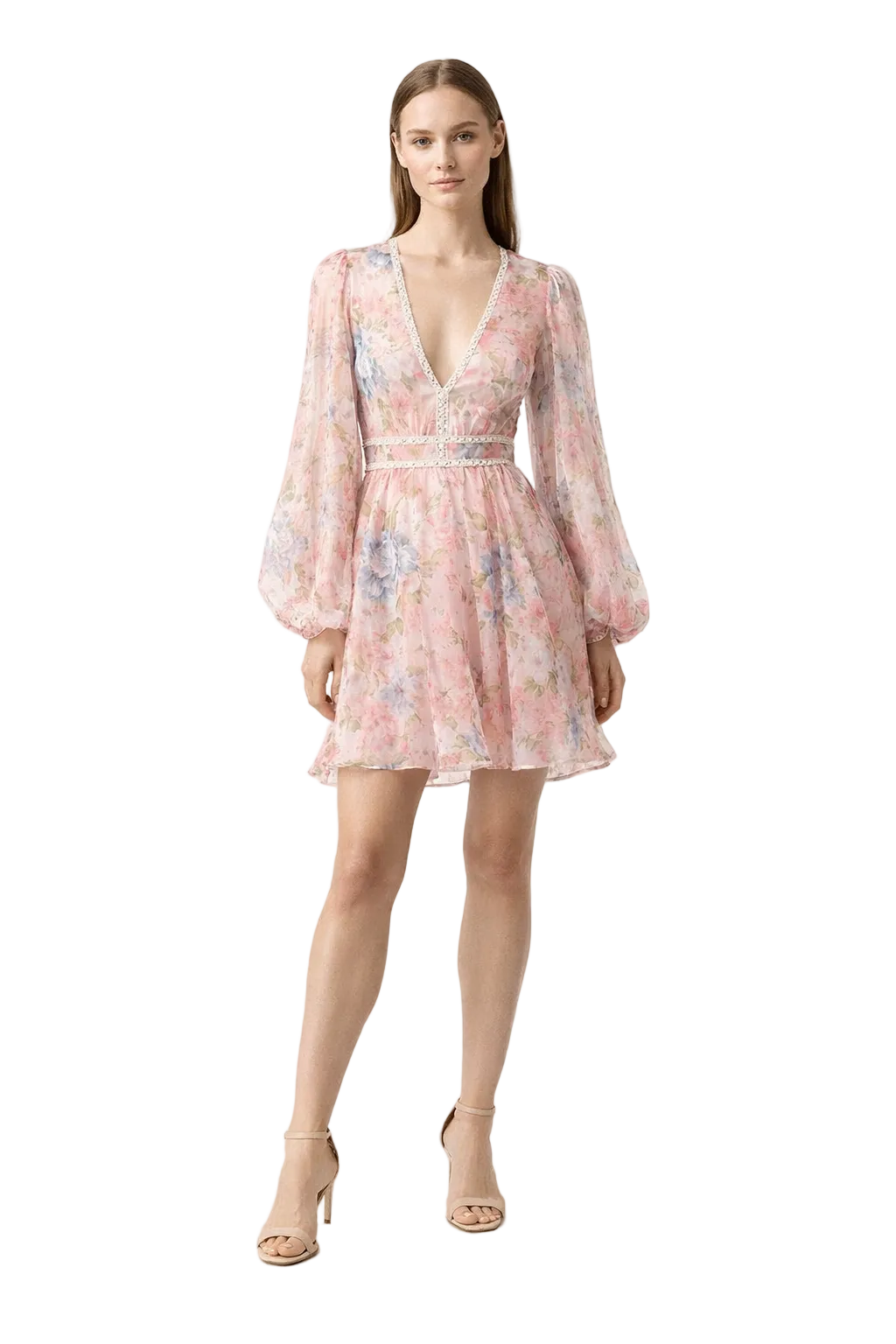 Light pink floral mini dress with V-neck and sheer sleeves