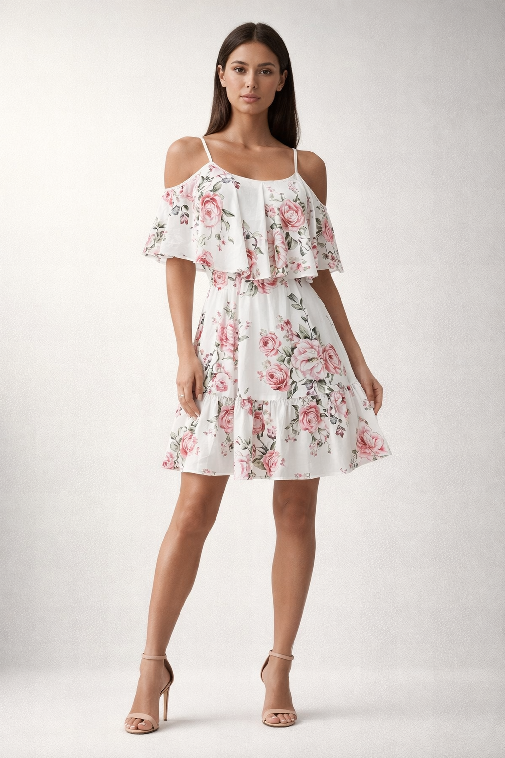 White off-shoulder dress with floral print and layered ruffle