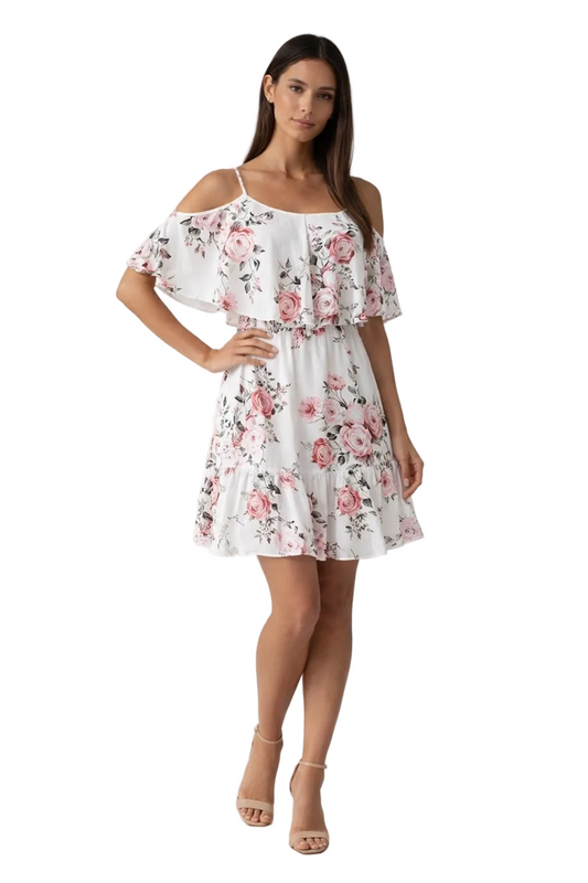 White off-shoulder dress with floral print and layered ruffle