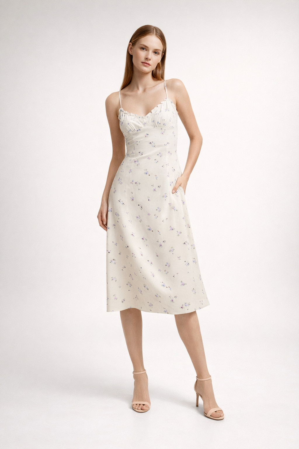 Light yellow midi dress with floral print and thin straps
