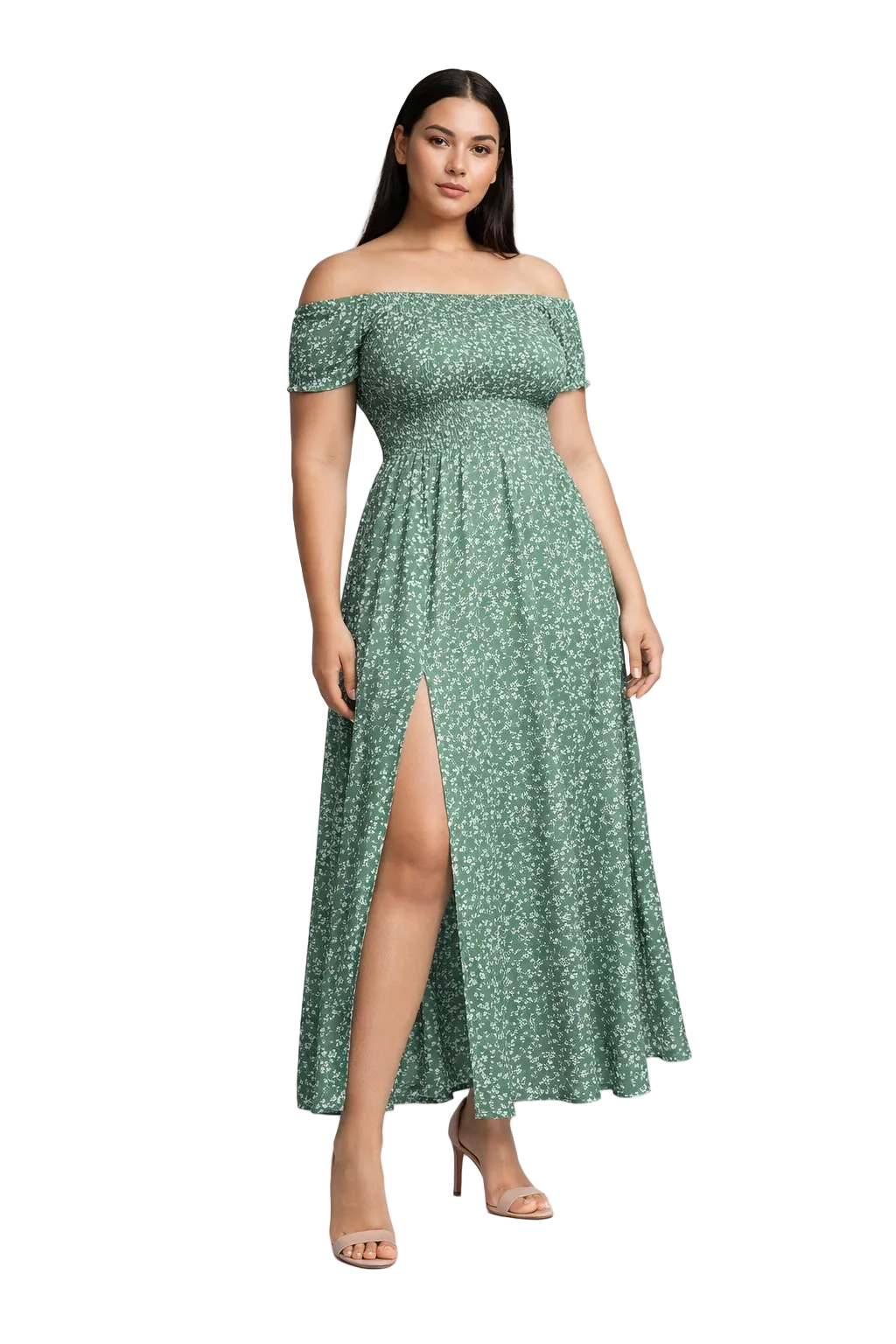 Green off-shoulder maxi dress with slit
