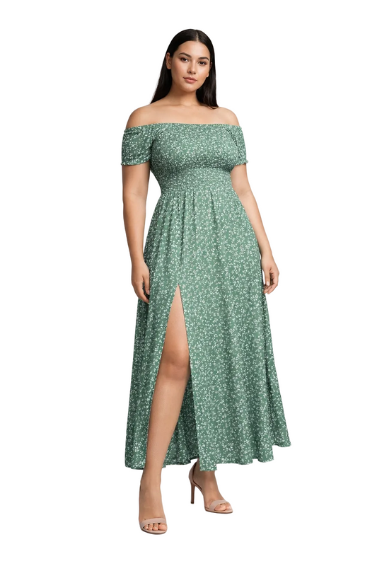 Green off-shoulder maxi dress with slit