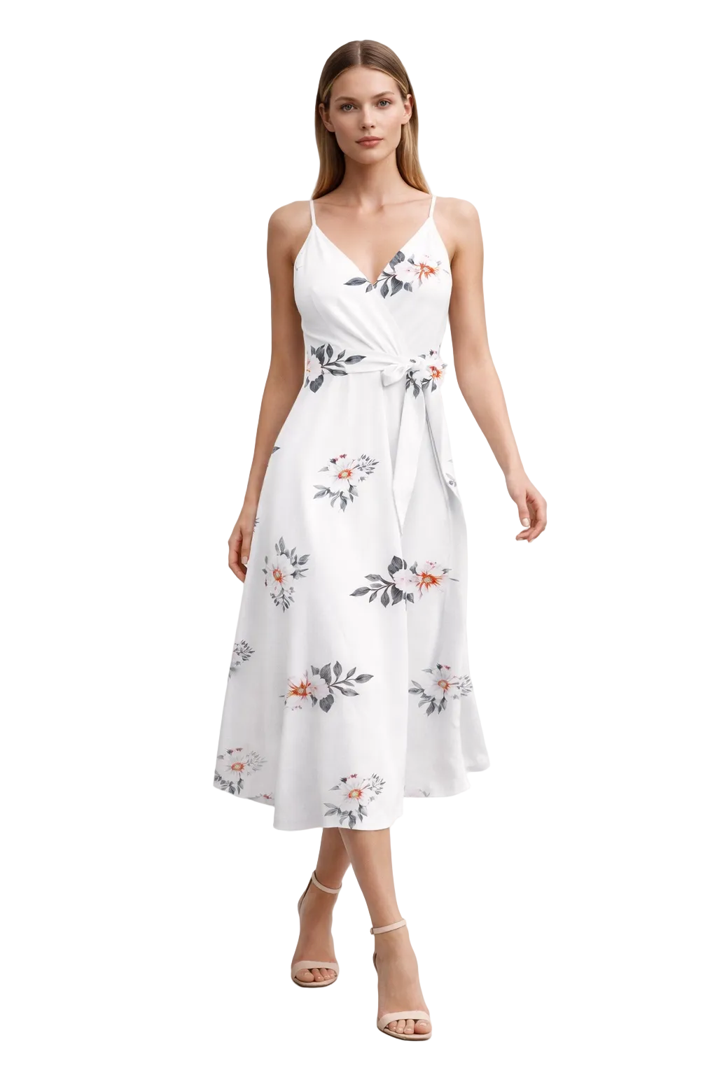 White floral wrap midi dress with waist tie