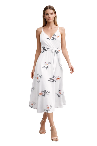 White floral wrap midi dress with waist tie