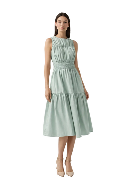 Light green sleeveless midi dress with smocked waist