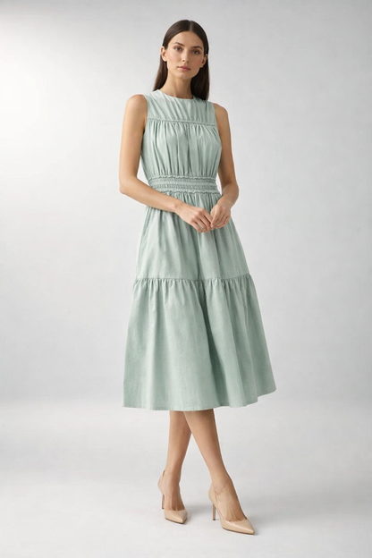 Light green sleeveless midi dress with smocked waist