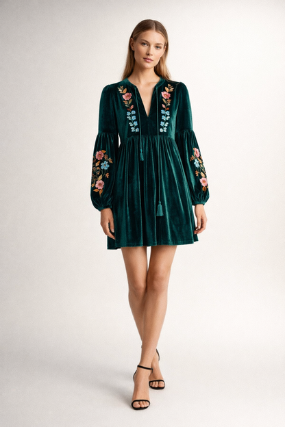 Dark green embroidered long sleeve mini dress with tassel detail