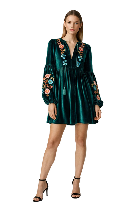 Dark green embroidered long sleeve mini dress with tassel detail