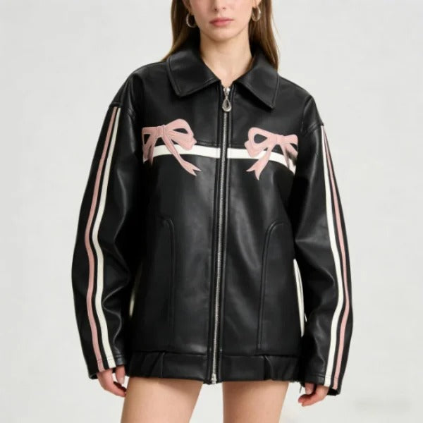 Black zip jacket with bow details and striped sleeves