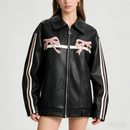 Black zip jacket with bow details and striped sleeves