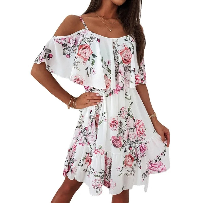 White off-shoulder dress with floral print and layered ruffle