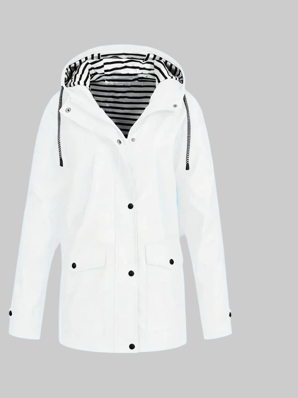 White hooded jacket with snap buttons and front pockets
