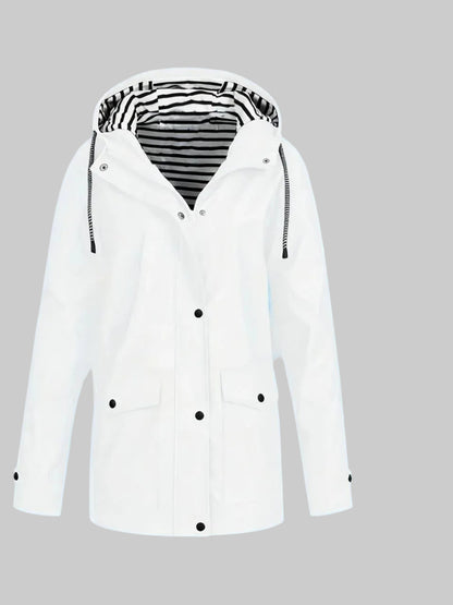 White hooded jacket with snap buttons and front pockets