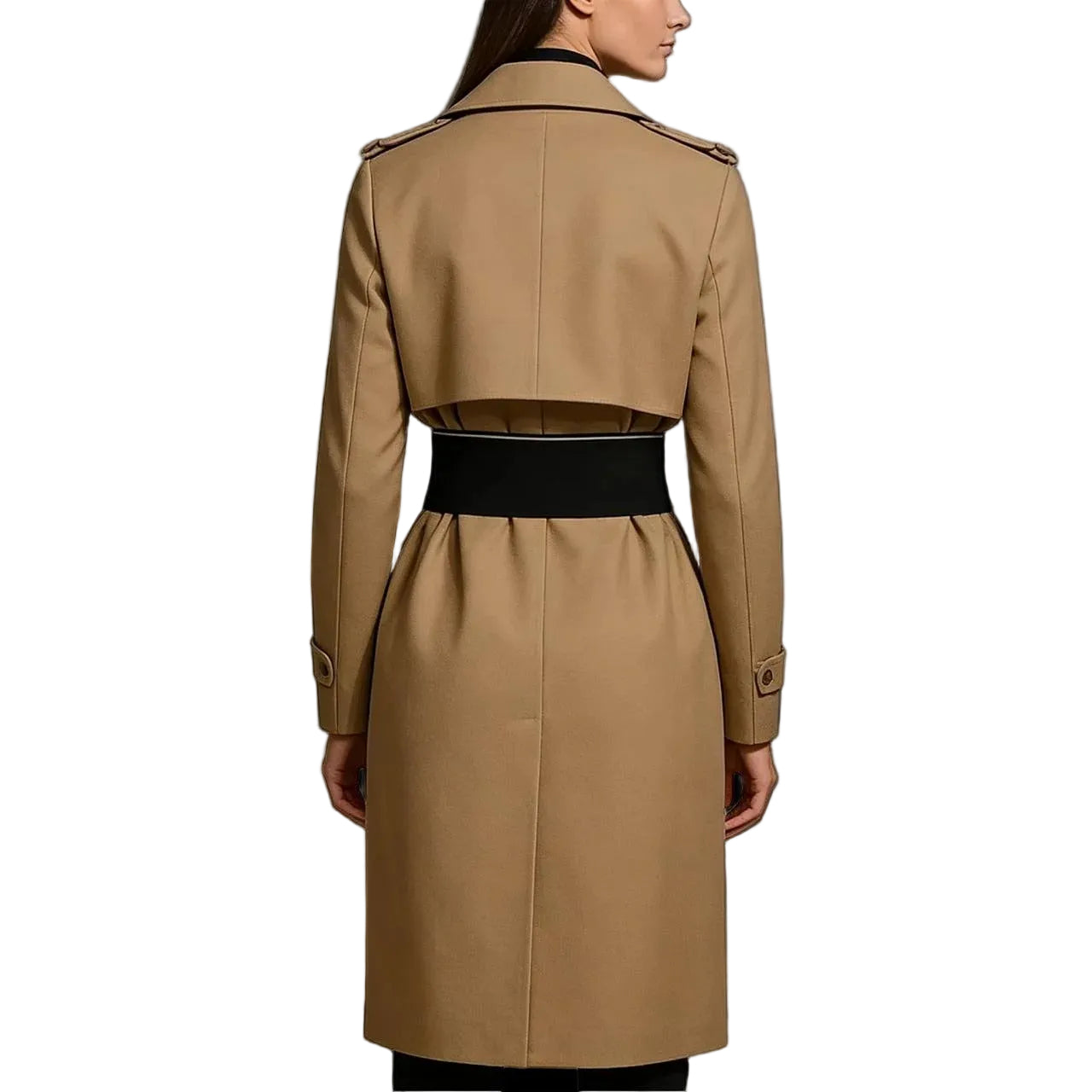 Beige long coat with wide collar and belted waist