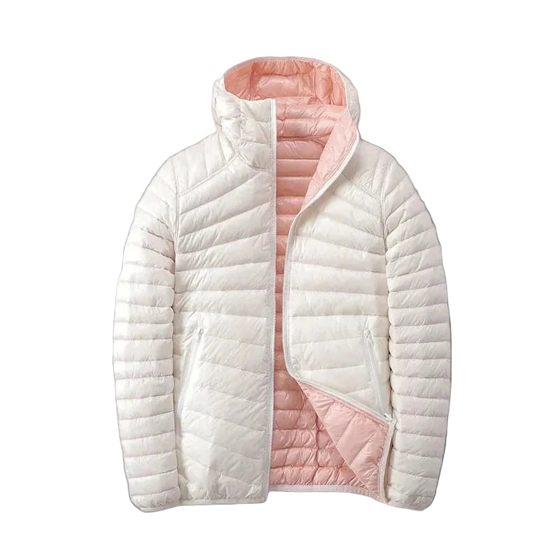 Reversible quilted jacket in pink and off-white with hood