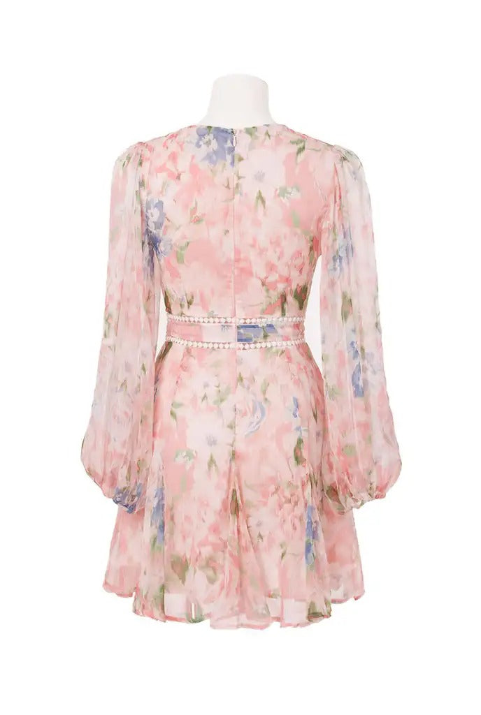 Light pink floral mini dress with V-neck and sheer sleeves
