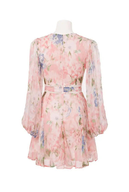 Light pink floral mini dress with V-neck and sheer sleeves
