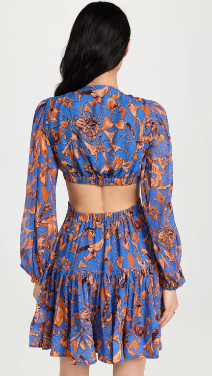 Blue patterned cut-out mini dress with long sleeves