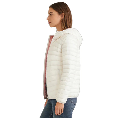Reversible quilted jacket in pink and off-white with hood