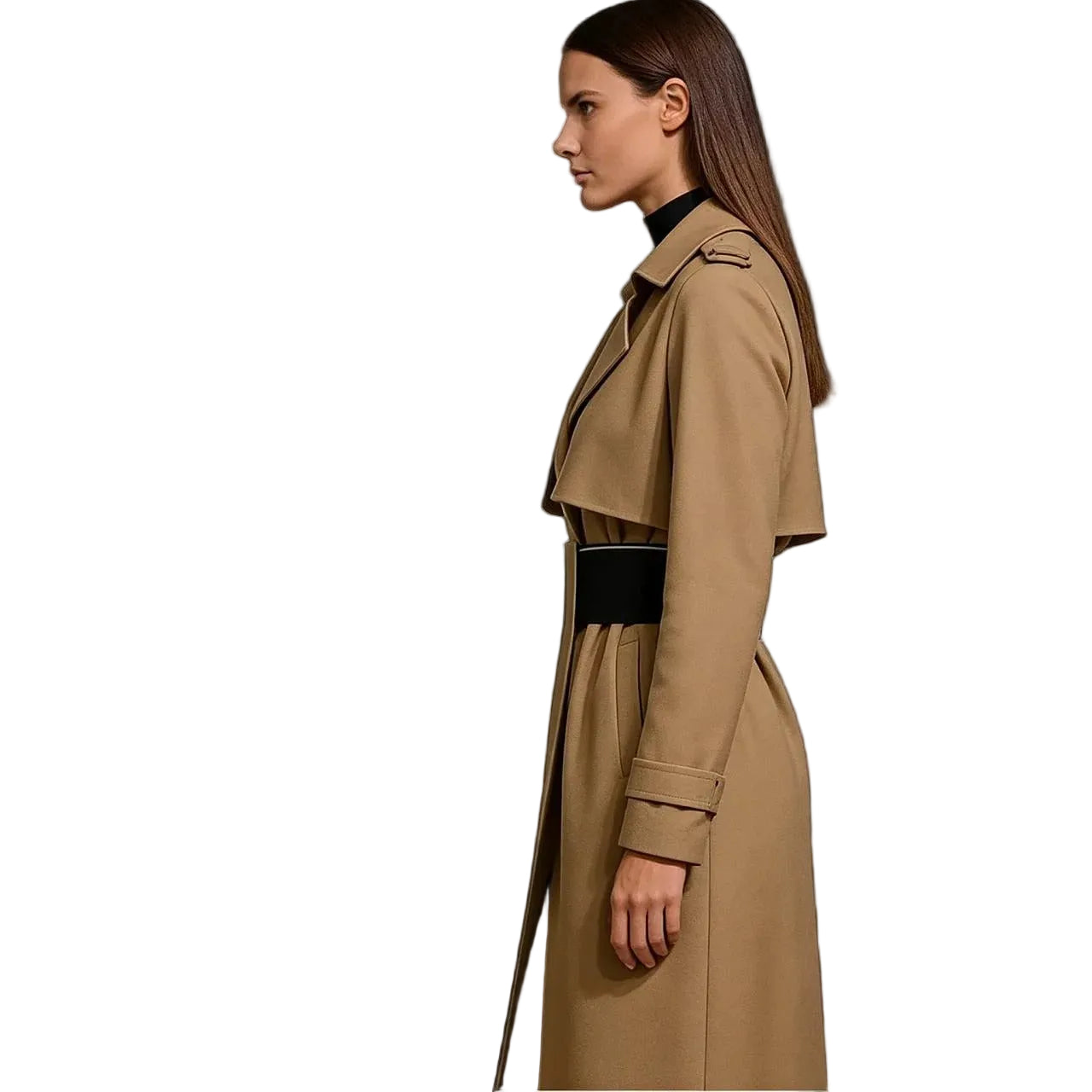 Beige long coat with wide collar and belted waist