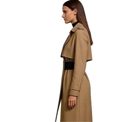 Beige long coat with wide collar and belted waist