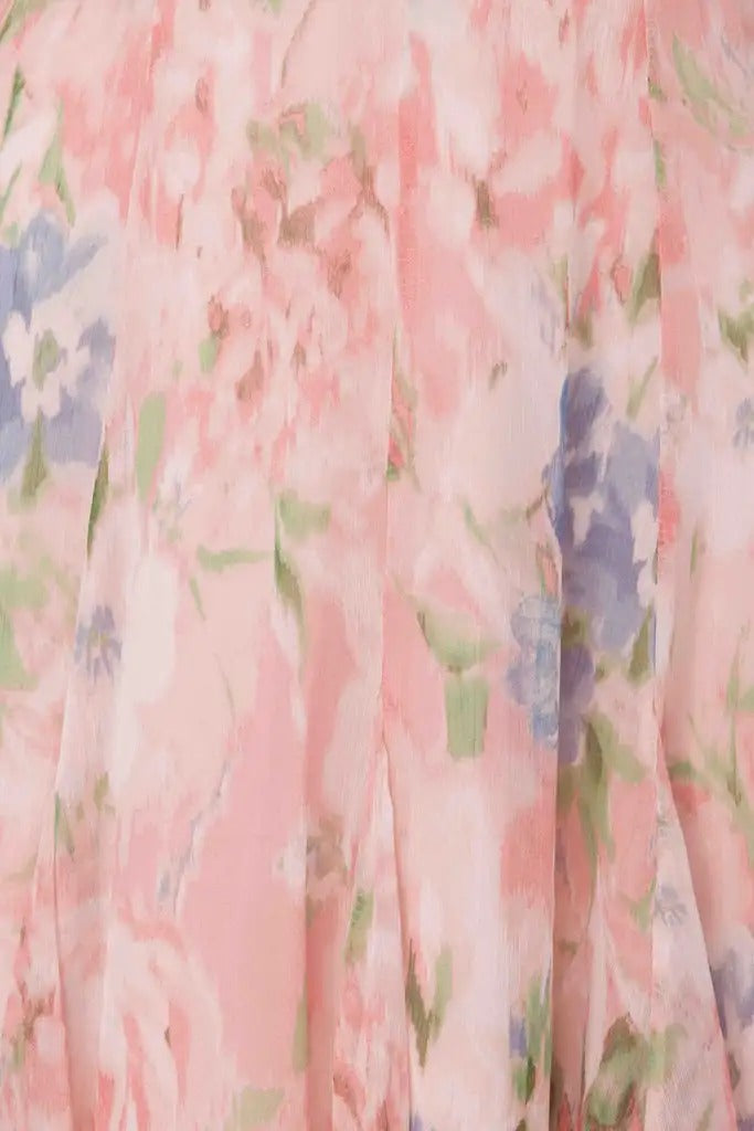 Light pink floral mini dress with V-neck and sheer sleeves