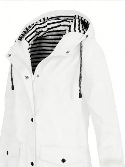 White hooded jacket with snap buttons and front pockets