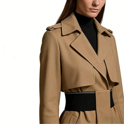 Beige long coat with wide collar and belted waist