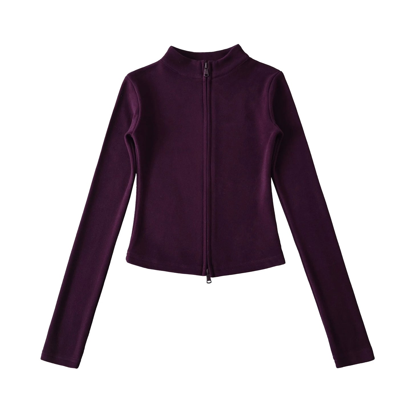 Dark purple cropped zip top with high neck and long sleeves