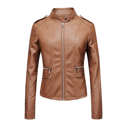Brown fitted zip jacket with stand collar and quilted shoulders