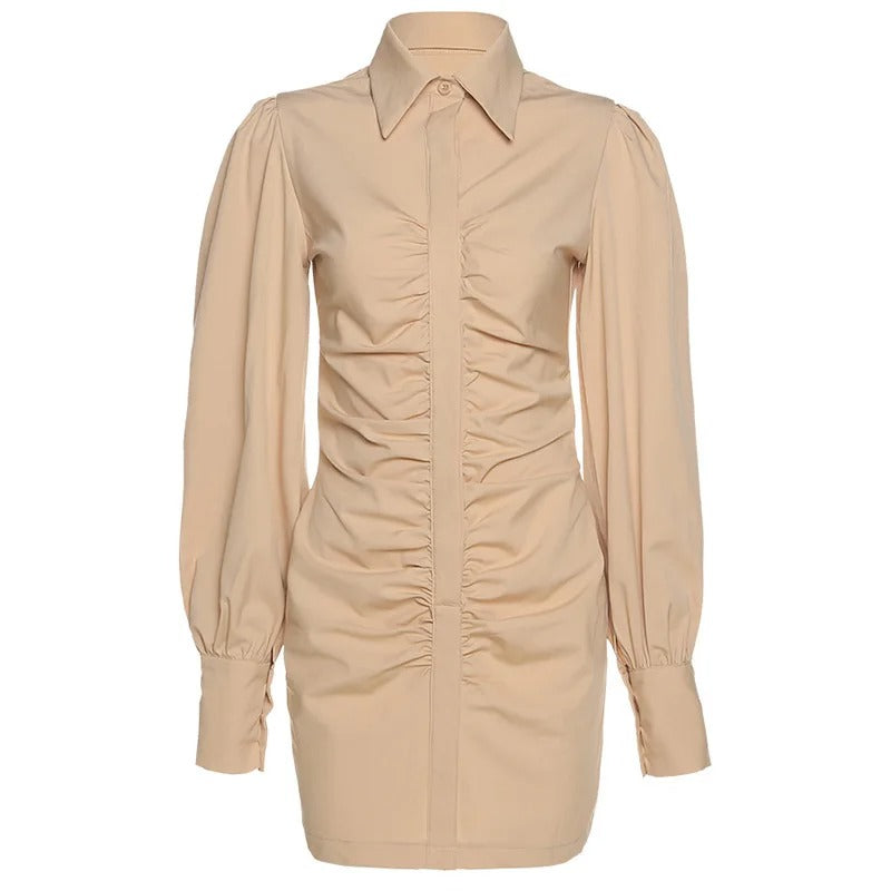 Beige shirt dress with ruched front and long sleeves