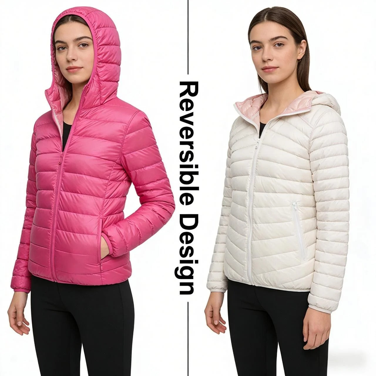 Reversible quilted jacket in pink and off-white with hood