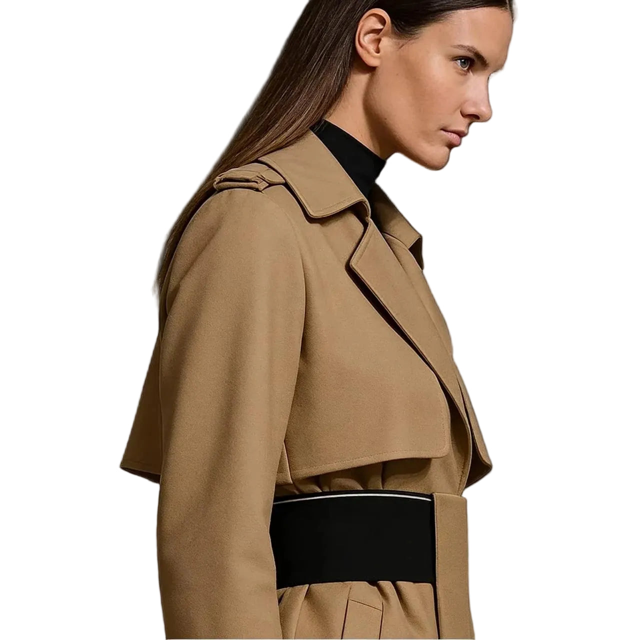 Beige long coat with wide collar and belted waist