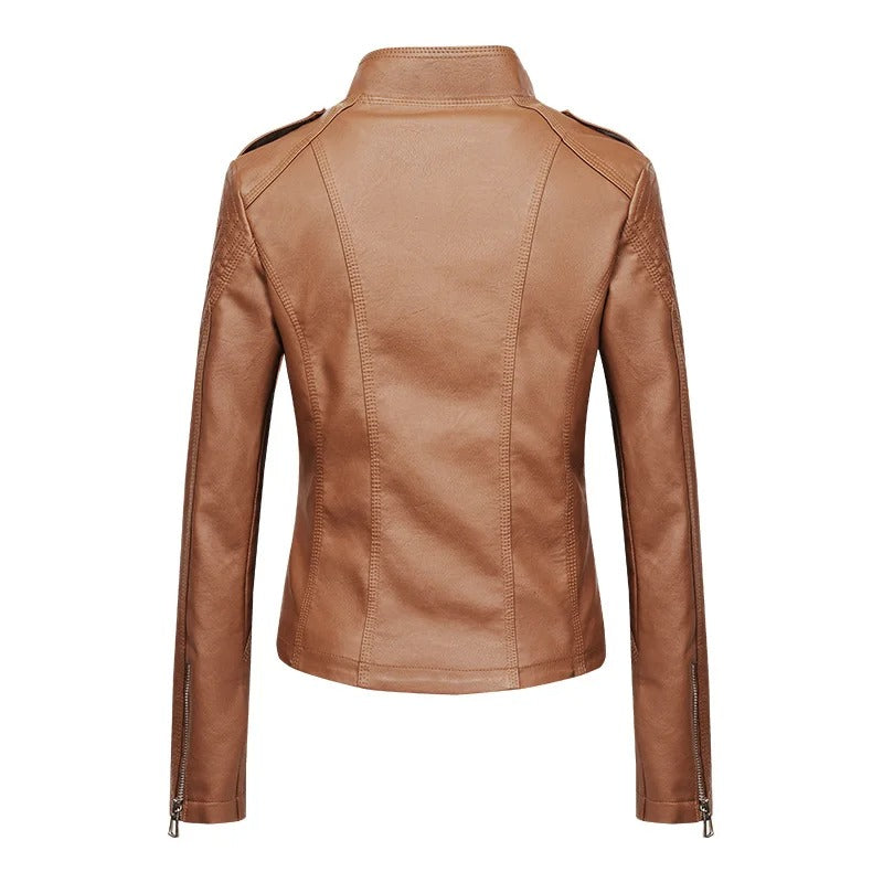 Brown fitted zip jacket with stand collar and quilted shoulders