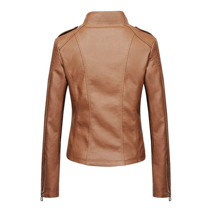 Brown fitted zip jacket with stand collar and quilted shoulders