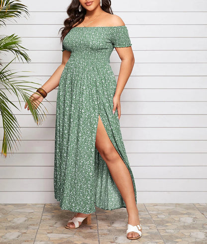 Green off-shoulder maxi dress with slit